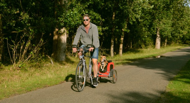 man bicycling dog